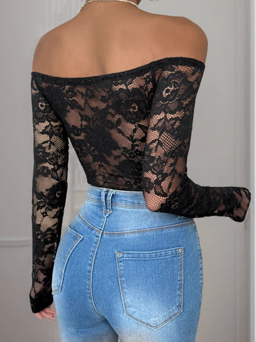 Lace off-shoulder long sleeve bodysuit