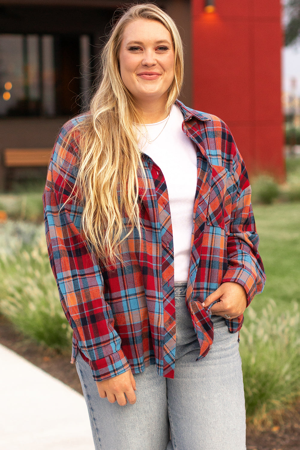 Chic red plaid button-up shirt for plus sizes