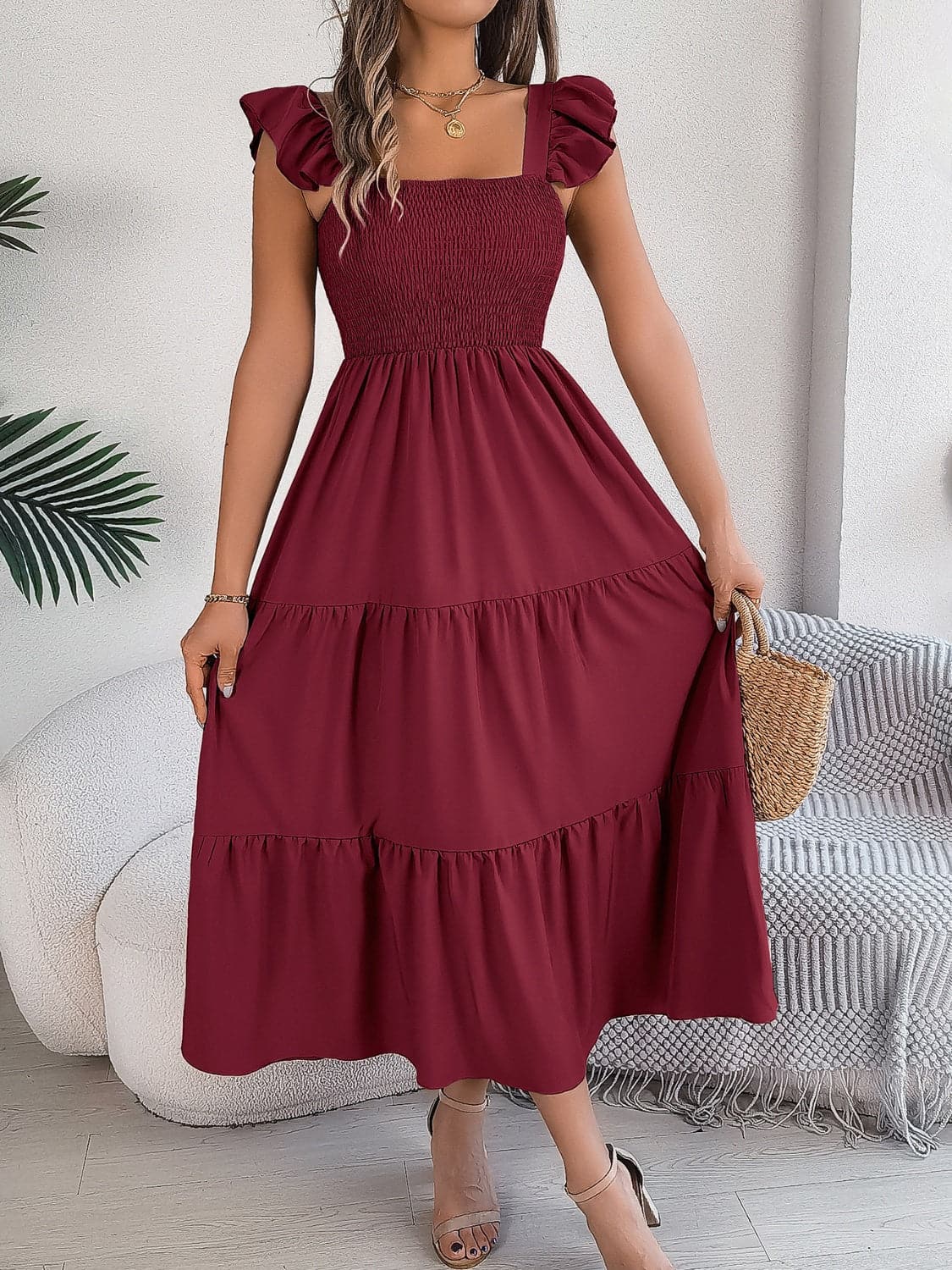 Smocked Square Neck Cap Sleeve Midi Dress.