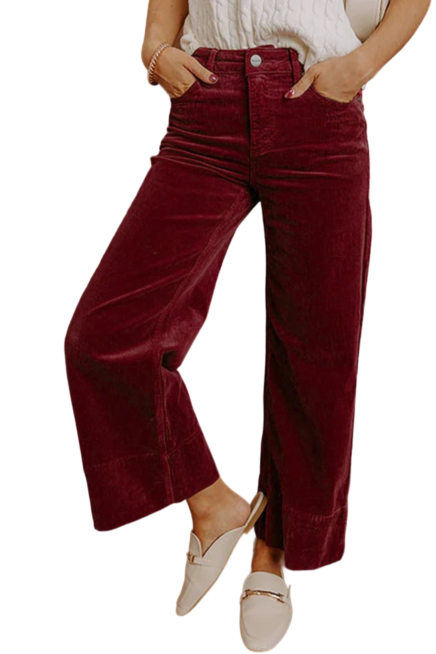 Burgundy Corduroy High Waist Wide Leg Pants for Women Dear-Lover Dropshipping