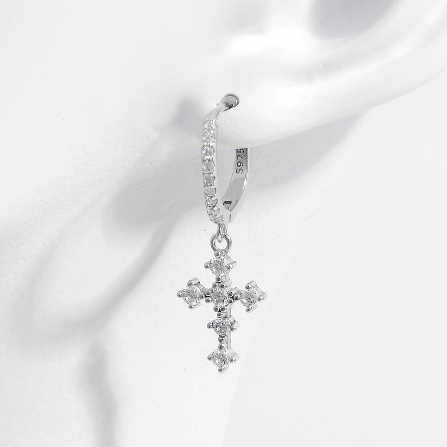 925 Sterling Silver Inlaid Zircon Cross Dangle Earrings.