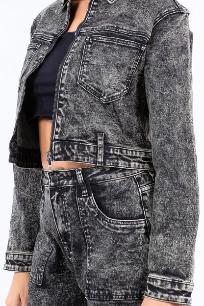 Chic overdyed bleached cropped zip jacket