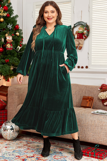 Elegant blackish green velvet high-waist midi dress with frilled neckline and ruffled hem