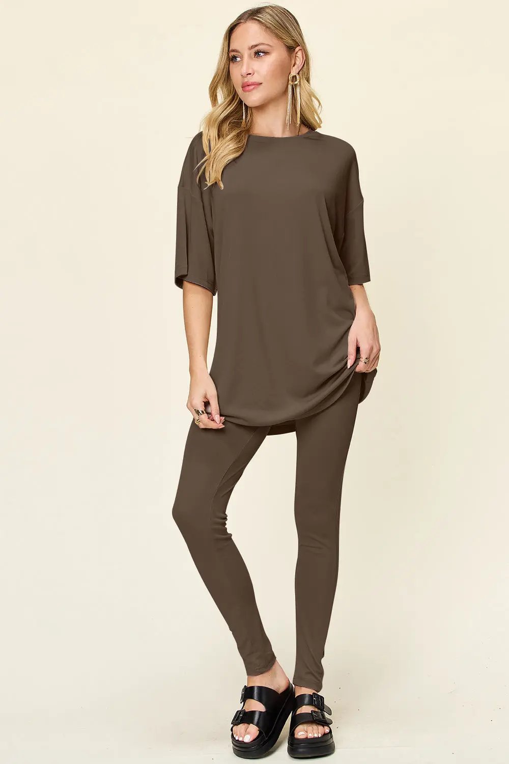 Double Take Full Size Round Neck Dropped Shoulder T-Shirt and Leggings Set - Love Salve