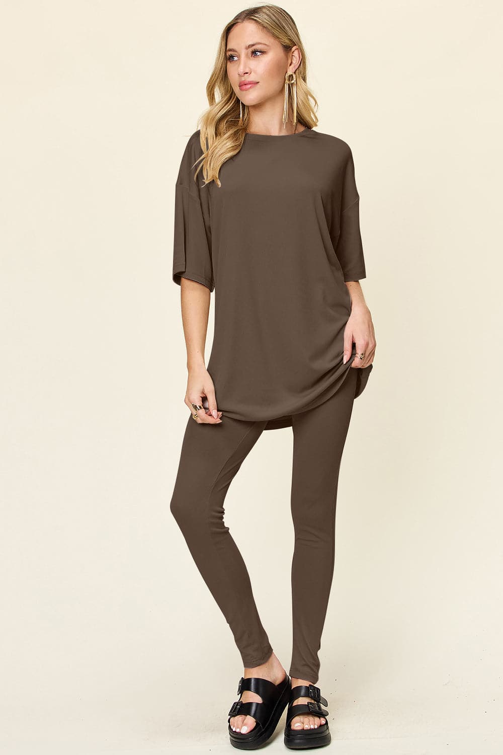 Double Take Full Size Round Neck Dropped Shoulder T-Shirt and Leggings Set.