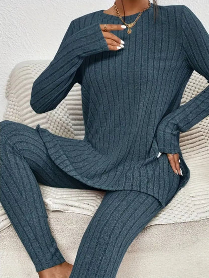 Side Slit Ribbed Top and Pants Set
