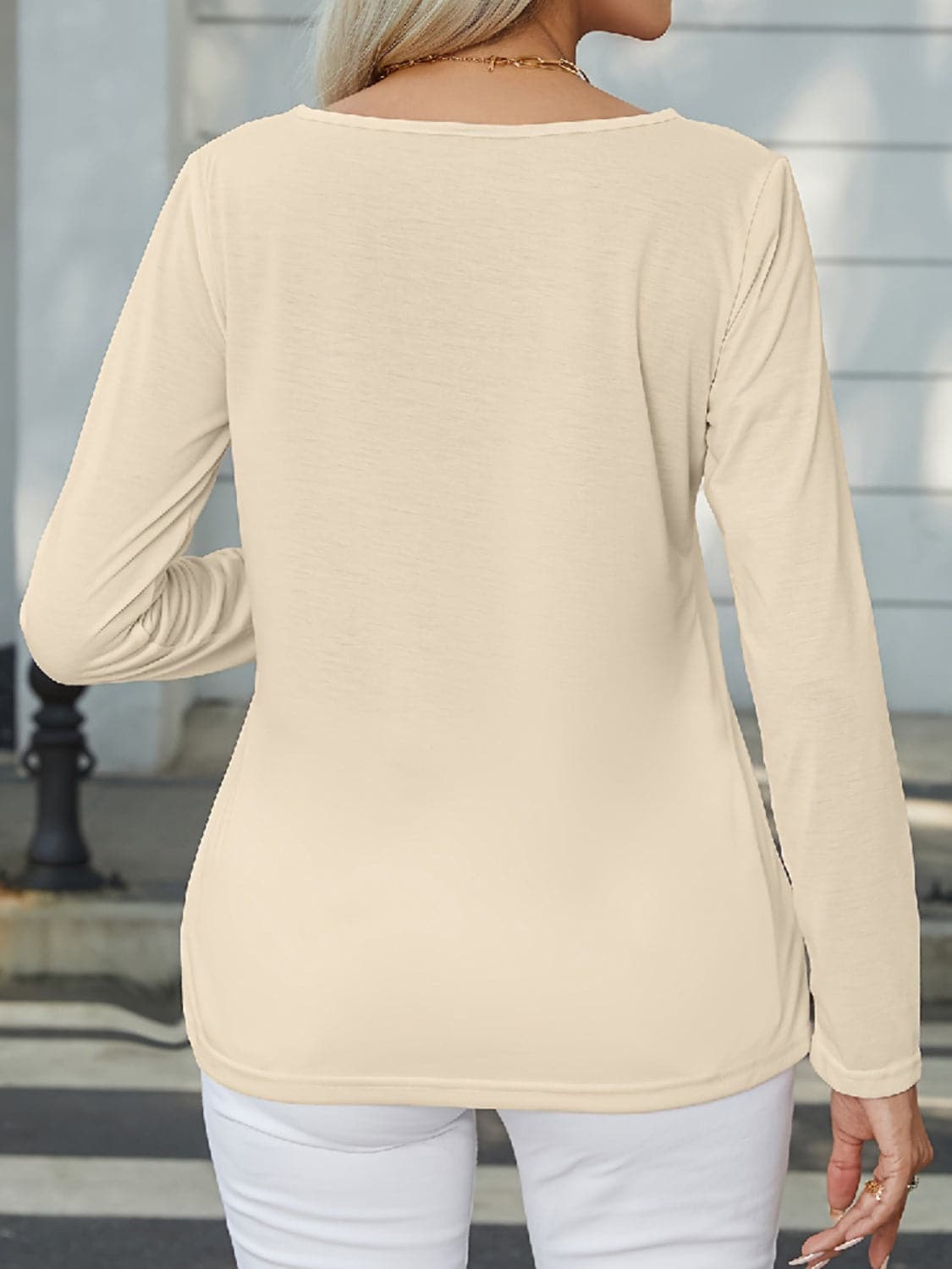 Decorative Button Round Neck Long Sleeve T-Shirt.