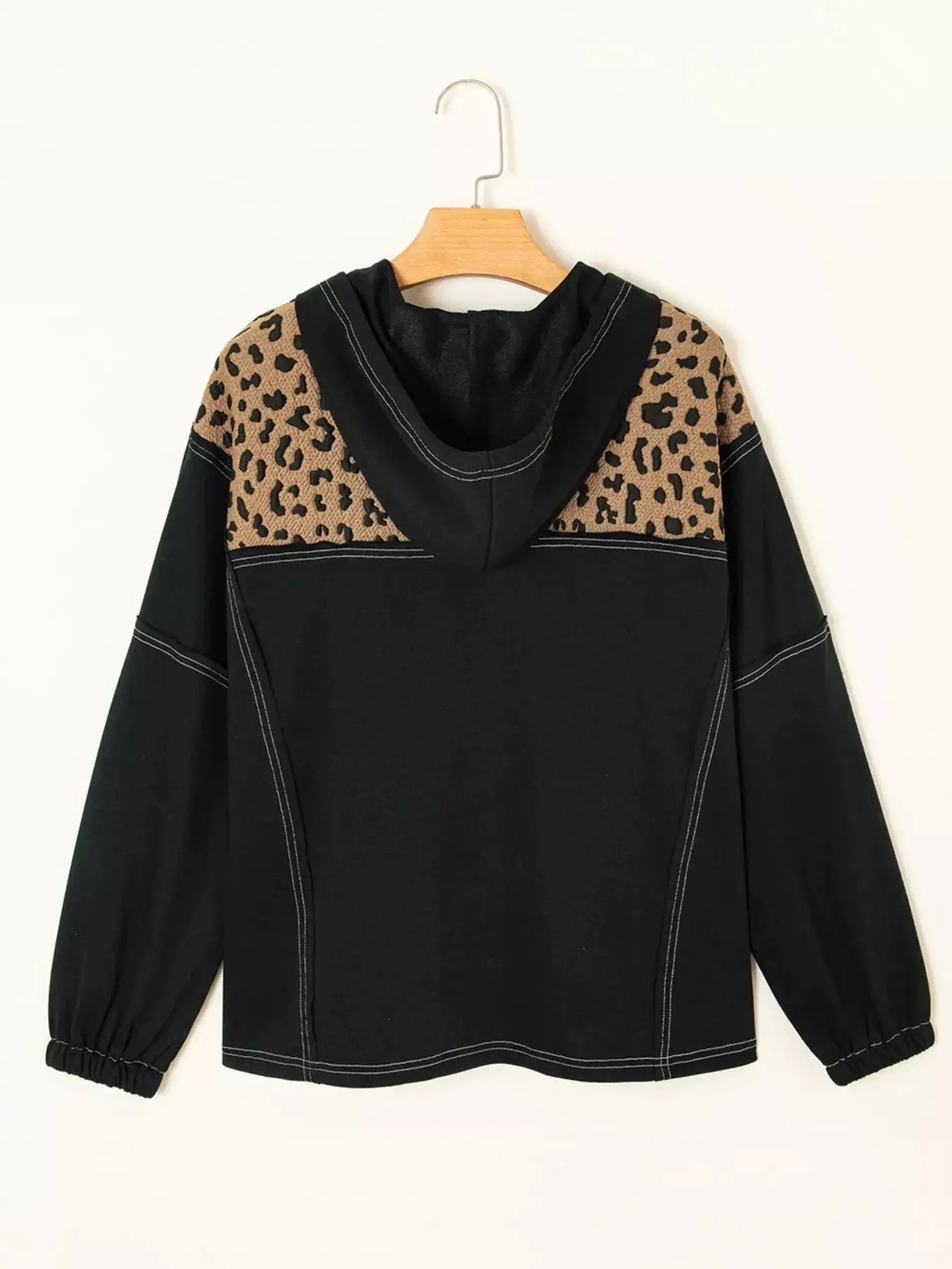 Leopard Patchwork Quarter Zip Hoodie With Contrast Stitching And Knotted Cuffs Simply Love