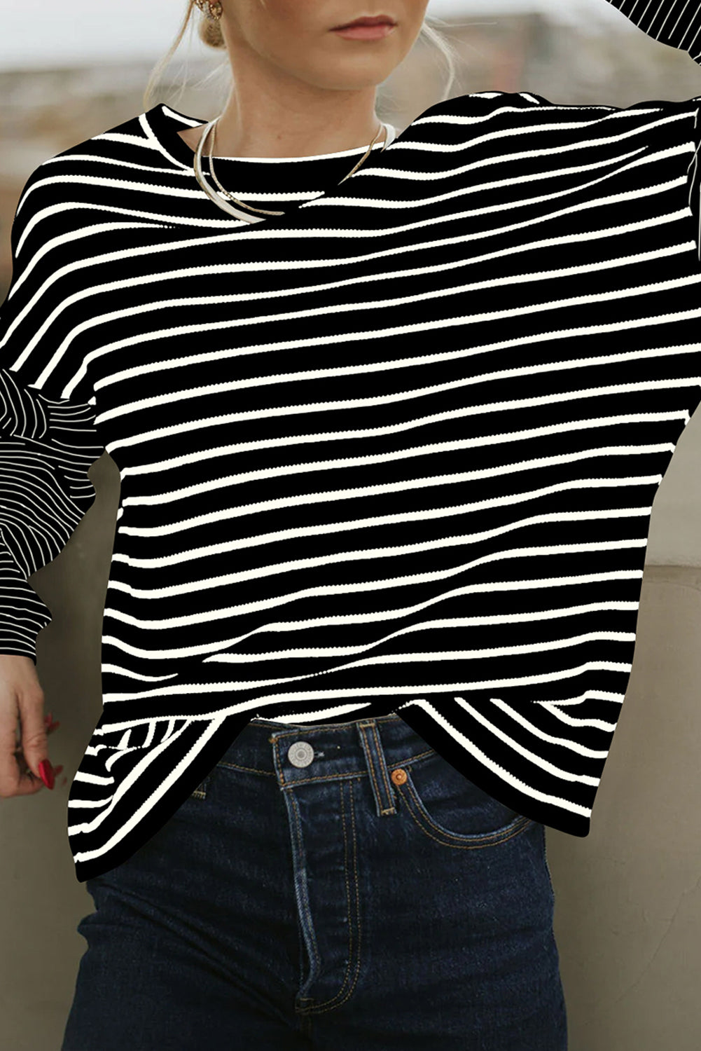 Chic black striped patchwork long sleeve tee for effortless style