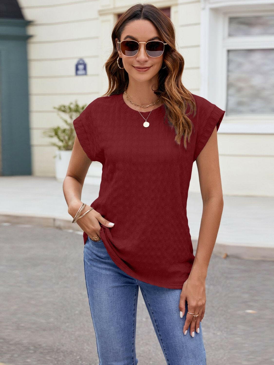 Textured Round Neck Cap Sleeve T-Shirt.