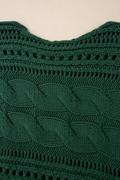 Chic blackish green cropped cable knit sweater with hollow-out design