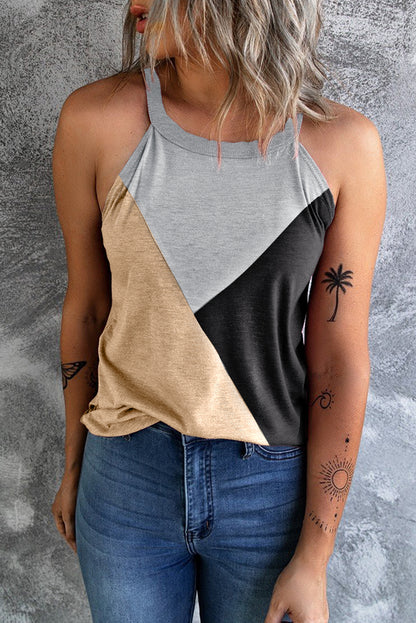 Chic French beige sleeveless geometric color block top