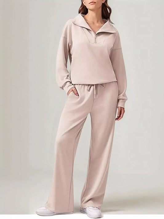 Relaxed Fit Quarter-Zip Top and Pants Set Simply Love