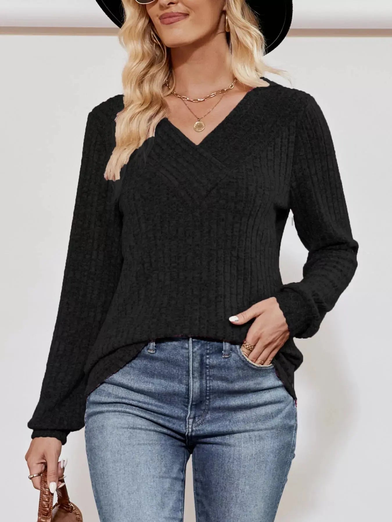 Ribbed Knit V-Neck Long Sleeve T-Shirt Simply Love