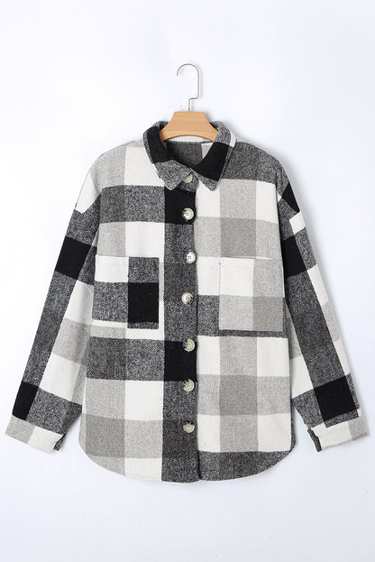 Chic gray checkered plus size shacket for winter warmth