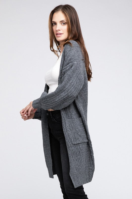 Twisted texture open front cardigan with pockets