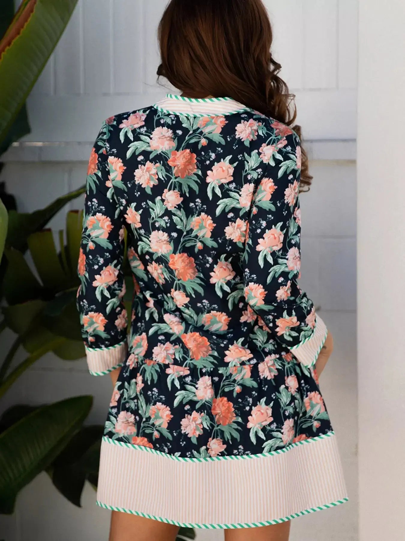 Floral Print Striped Trim V Neck Long Sleeve Ruffle Hem Shift Mini Dress Simply Love