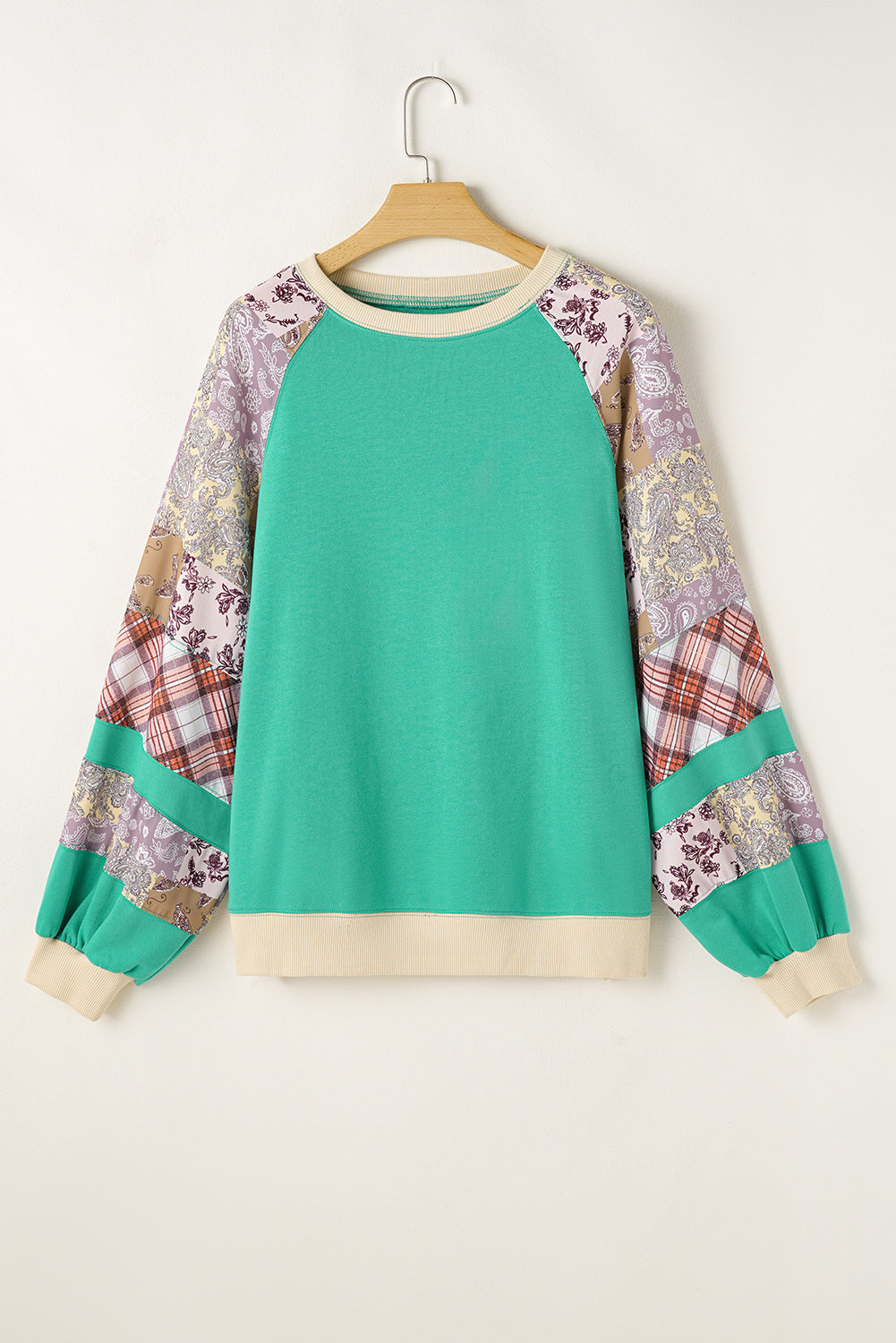 Chic sky blue plus size plaid floral patchwork sweatshirt with raglan sleeves