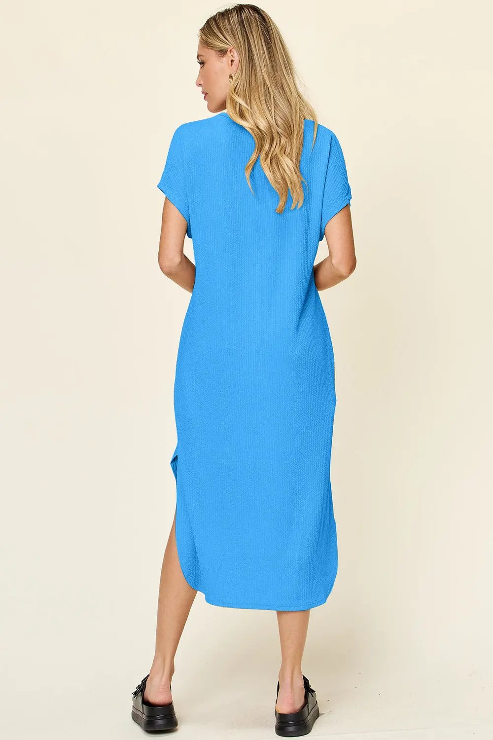 Double Take Full Size Round Neck Short Sleeve Slit Dress - Love Salve