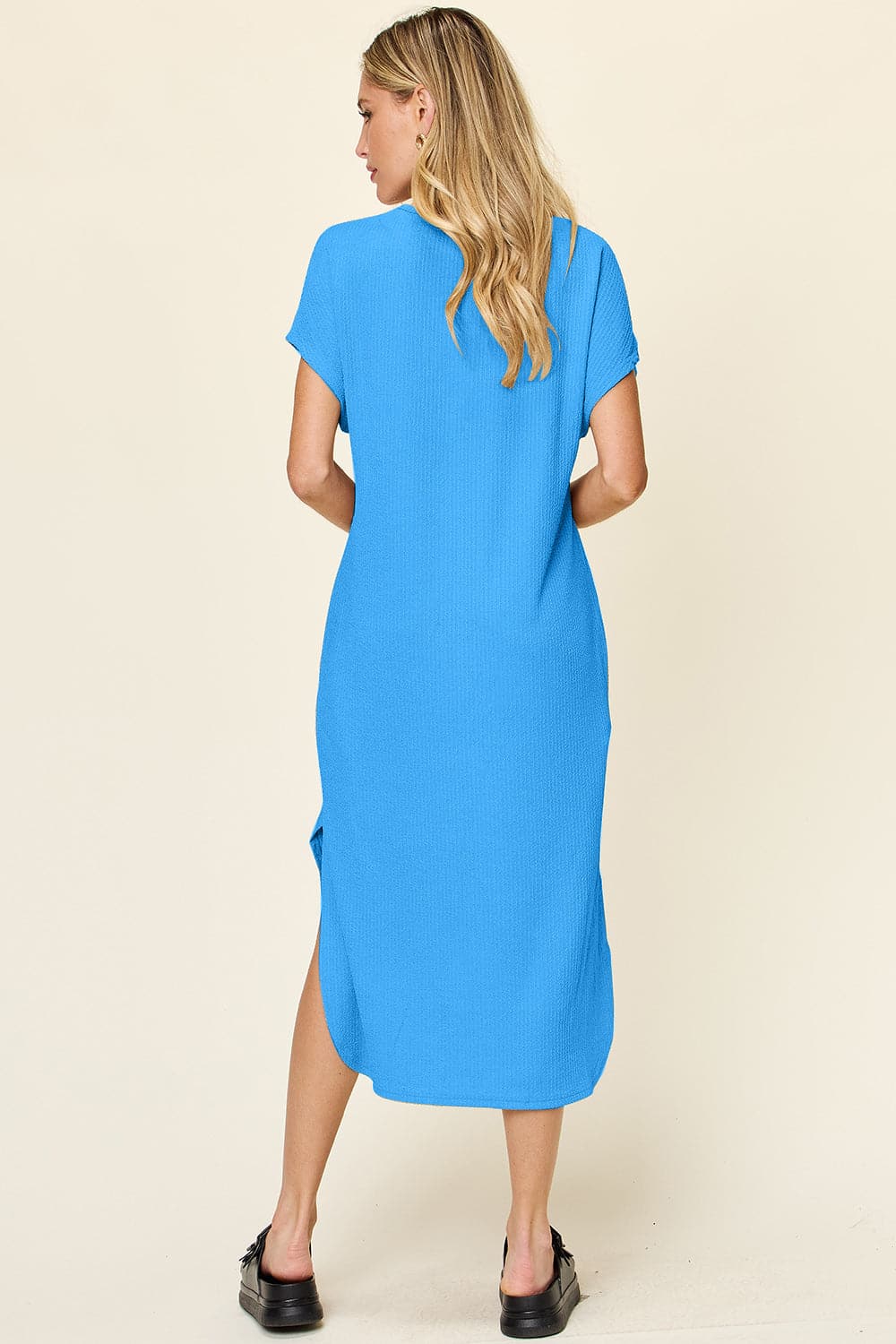 Double Take Full Size Round Neck Short Sleeve Slit Dress.