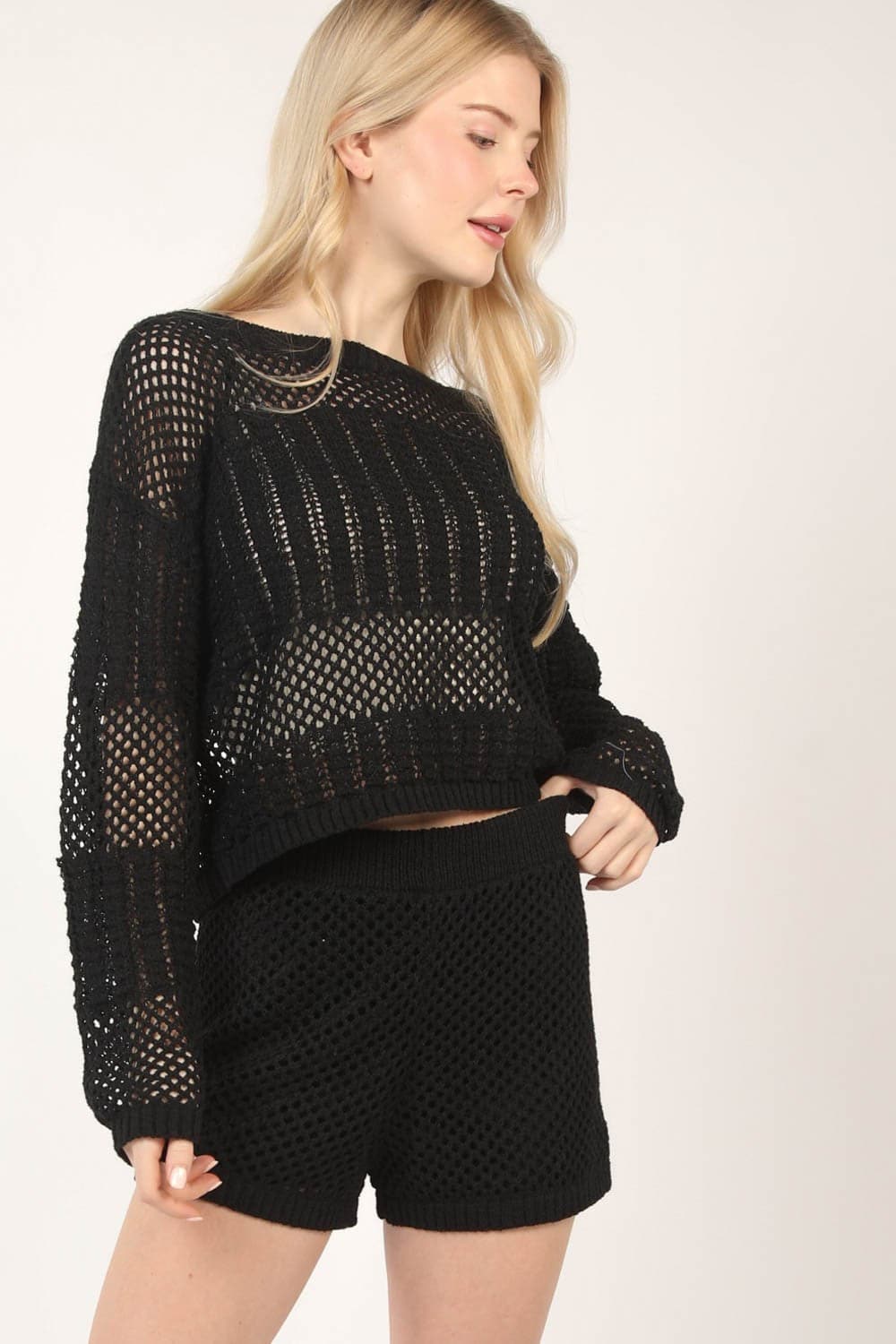 VERY J Openwork Cropped Cover Up and Shorts Set.