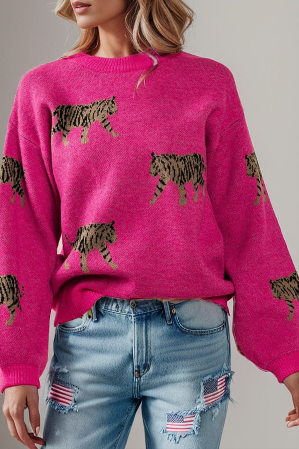 Tiger Pattern Round Neck Drop Shoulder Sweater.