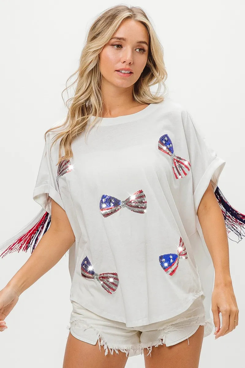 BiBi American Flag Sequin Ribbon T-Shirt - Love Salve 