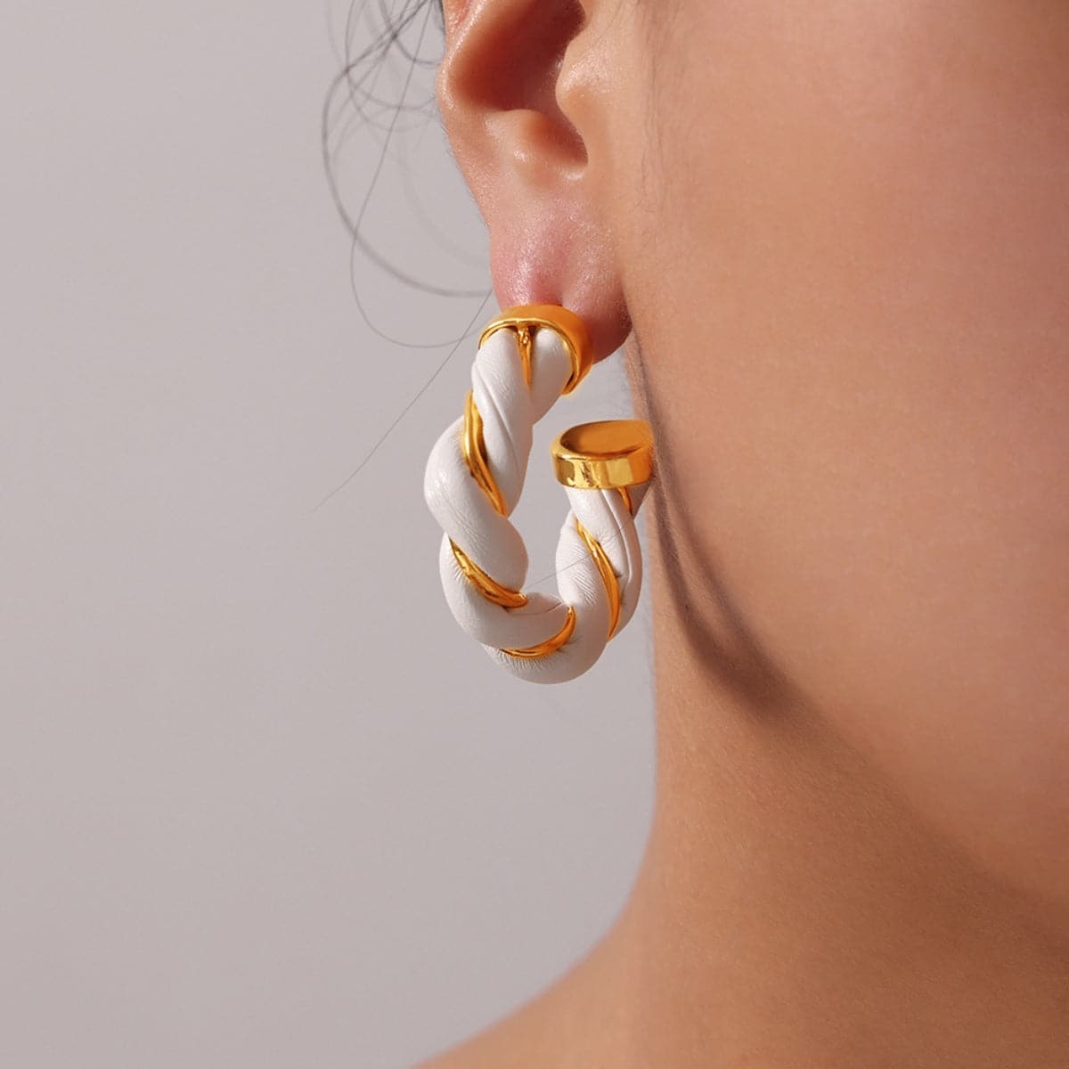 Twisted Leather Rope C-Hoop Earrings.