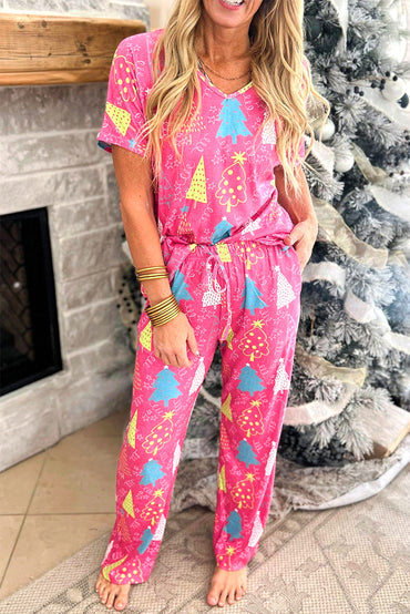 Festive rose print v-neck lounge set for cozy holiday lounging