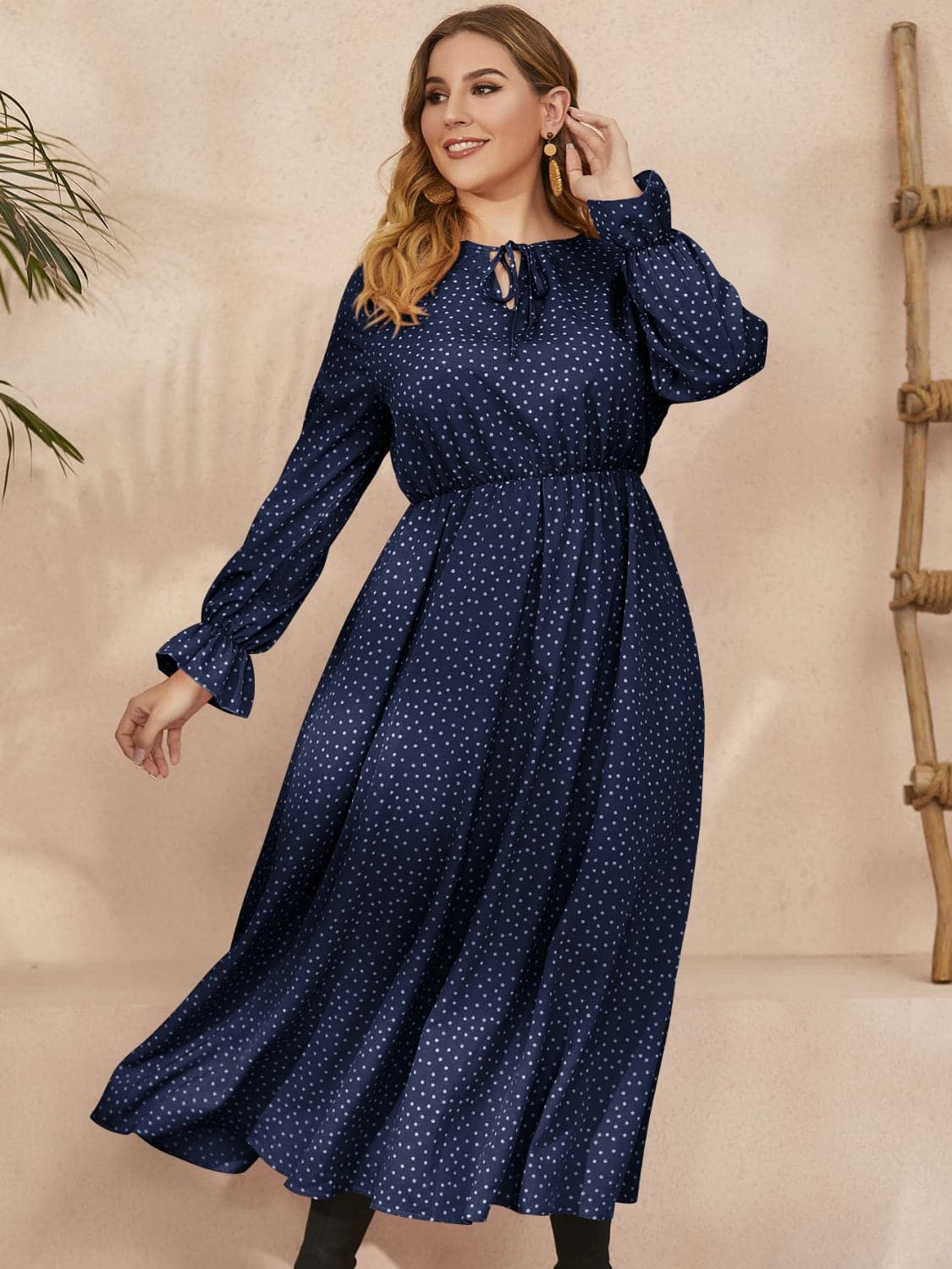 Plus Size Ruffled Polka Dot Long Sleeve Midi Dress.