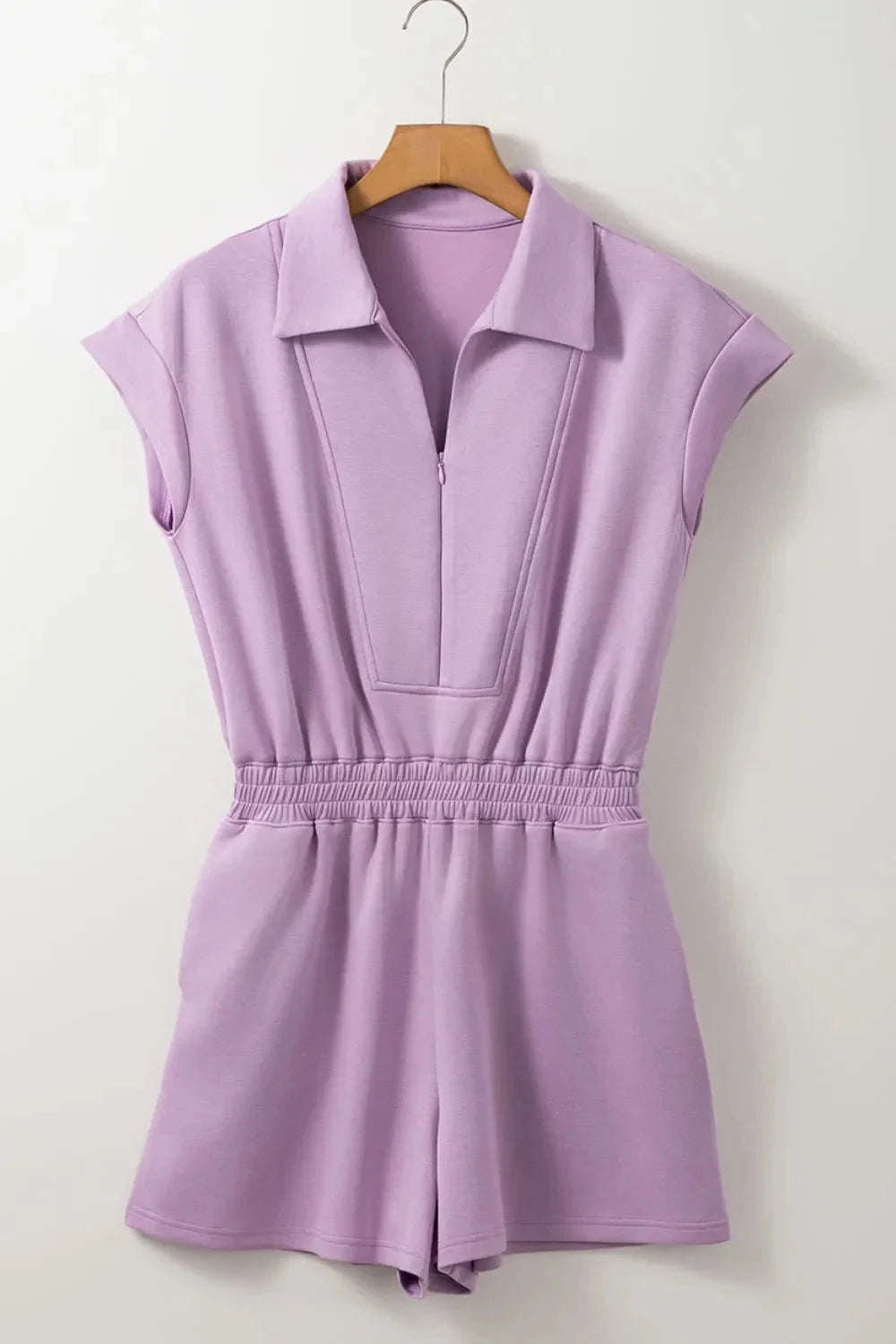 Short Sleeve Zipper Collared Elastic High Waist Romper Simply Love