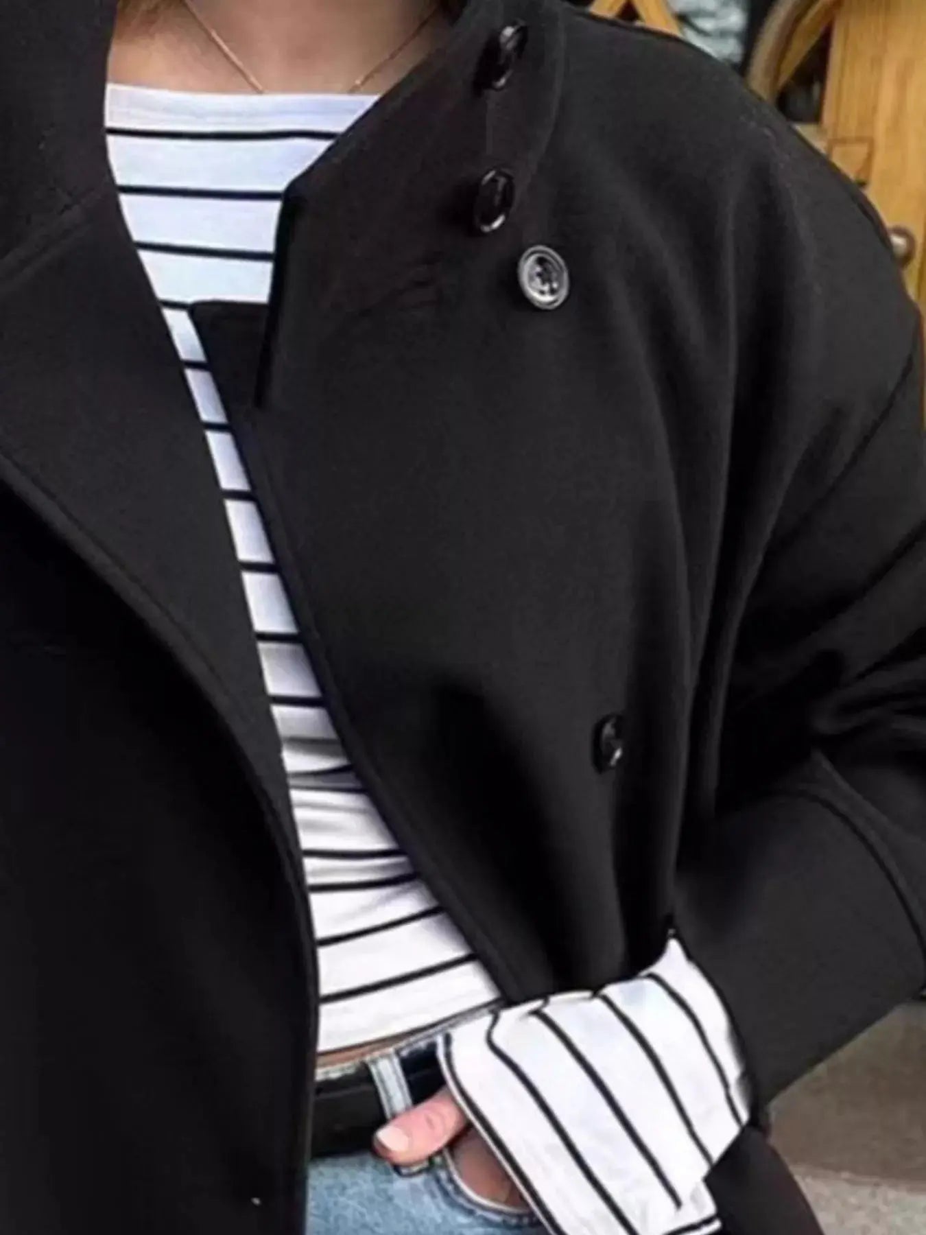 Navy Long Sleeve Buttoned Lightweight Outerwear Coat Lined Simply Love