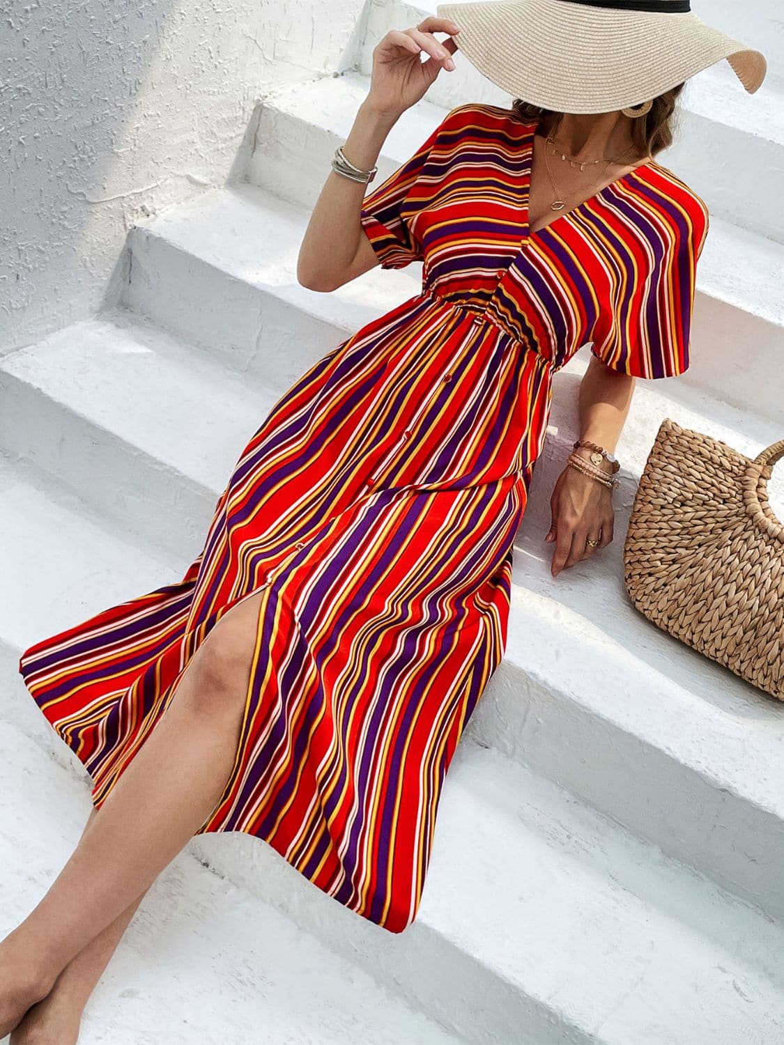 Slit Striped V-Neck Short Sleeve Midi Dress.