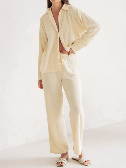 Collared Neck Long Sleeve Top and Drawstring Pants Set