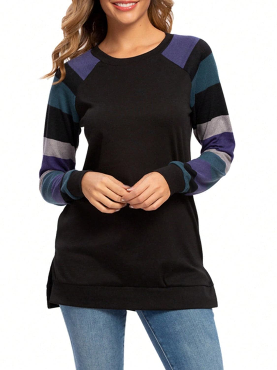 Color Block Round Neck Long Sleeve T-Shirt.