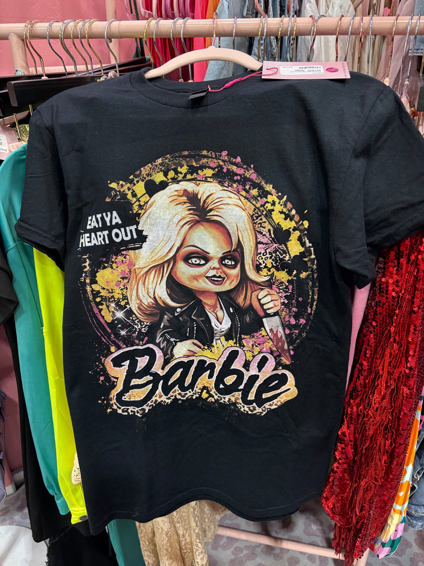 Tiffany “Eat Ya Heart Out Barbie” Tee – Halloween Horror Graphic Shirt