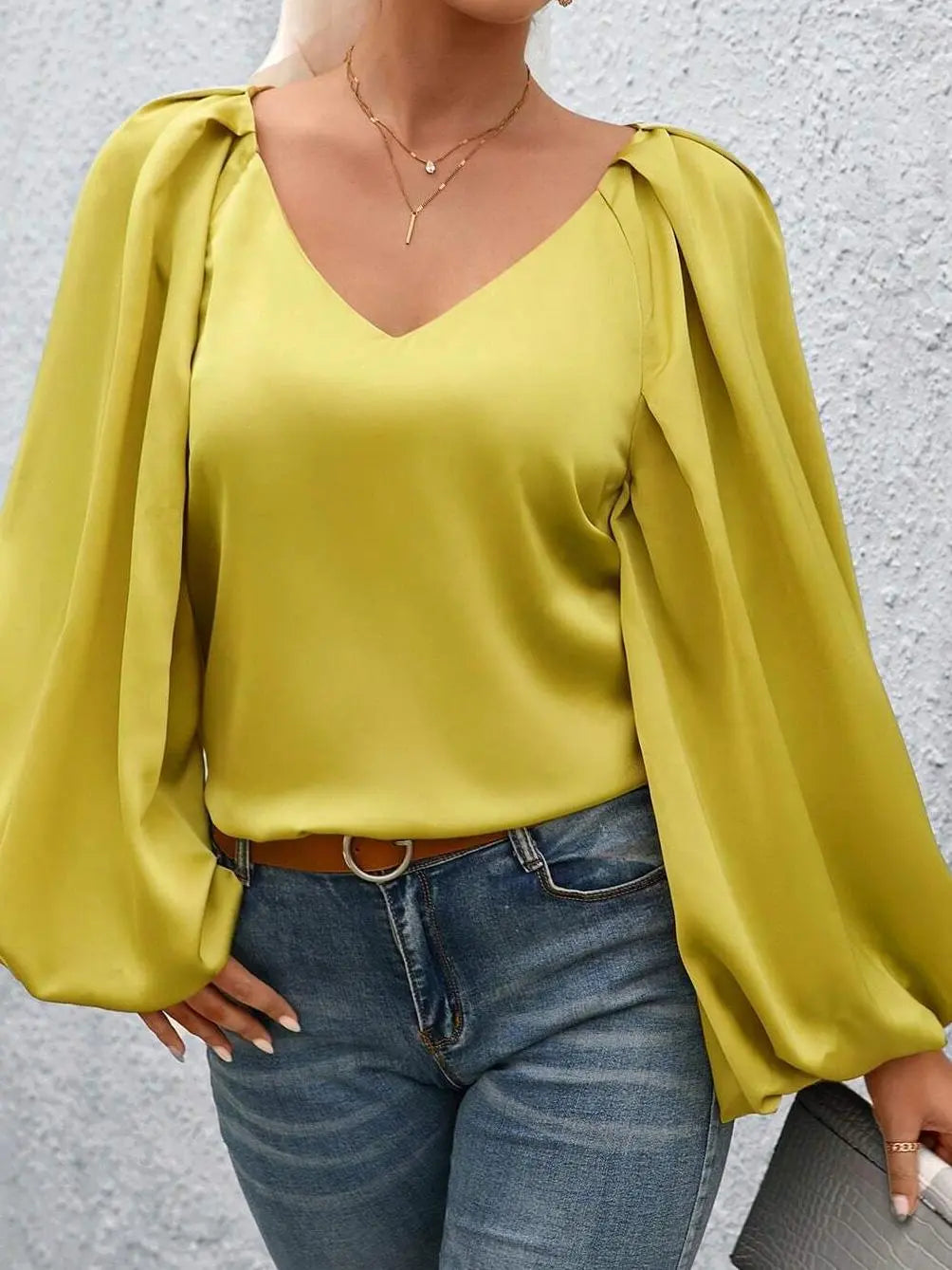 Lantern Sleeve Blouse With V Neck And Puff Sleeves Lightweight Fabric Miss Sparkling