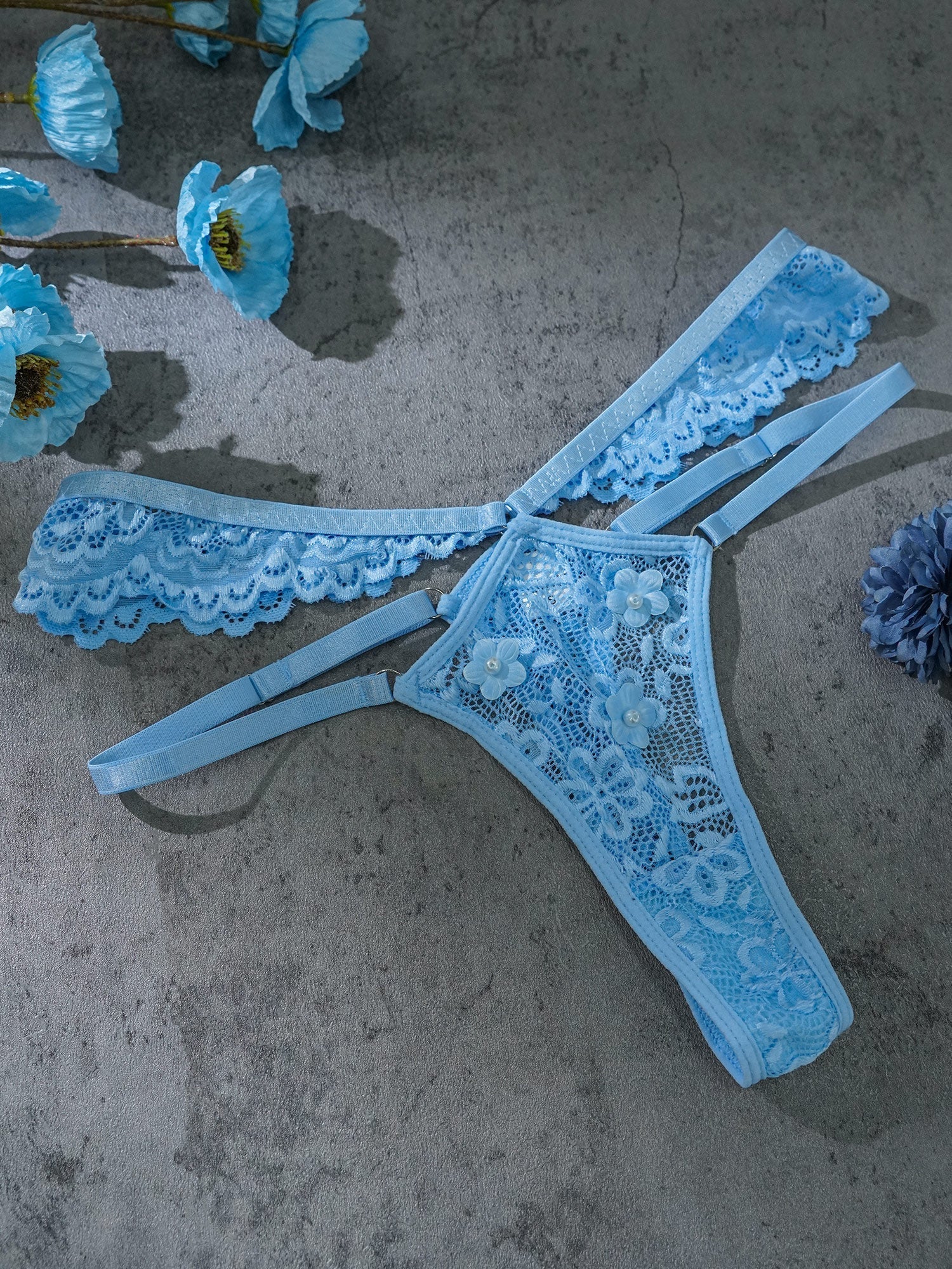 Blue Pearl Flower Lace Lingerie Set Featuring Pearl Patches Hello.LA.Girl