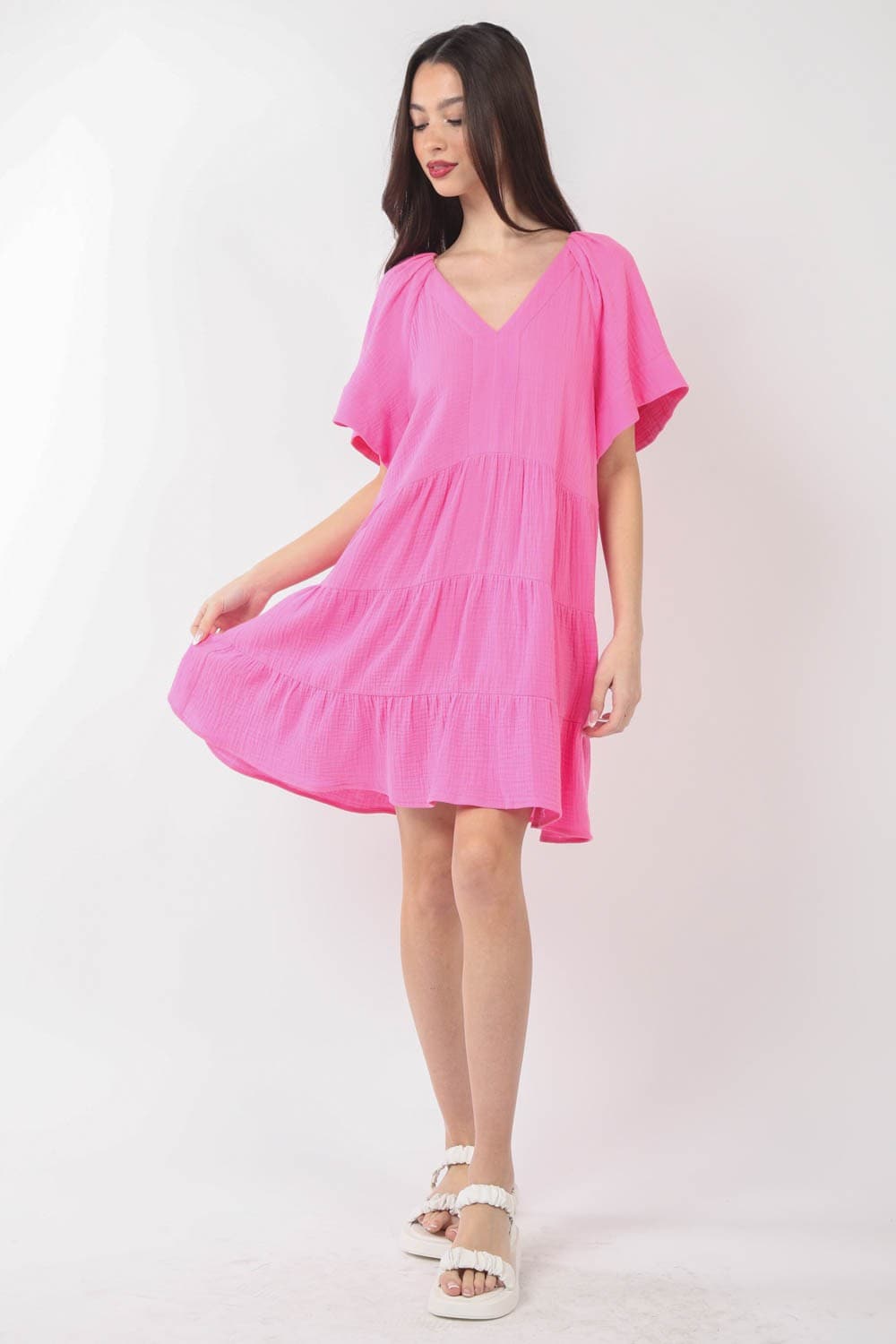 VERY J Texture V-Neck Ruffled Tiered Dress.