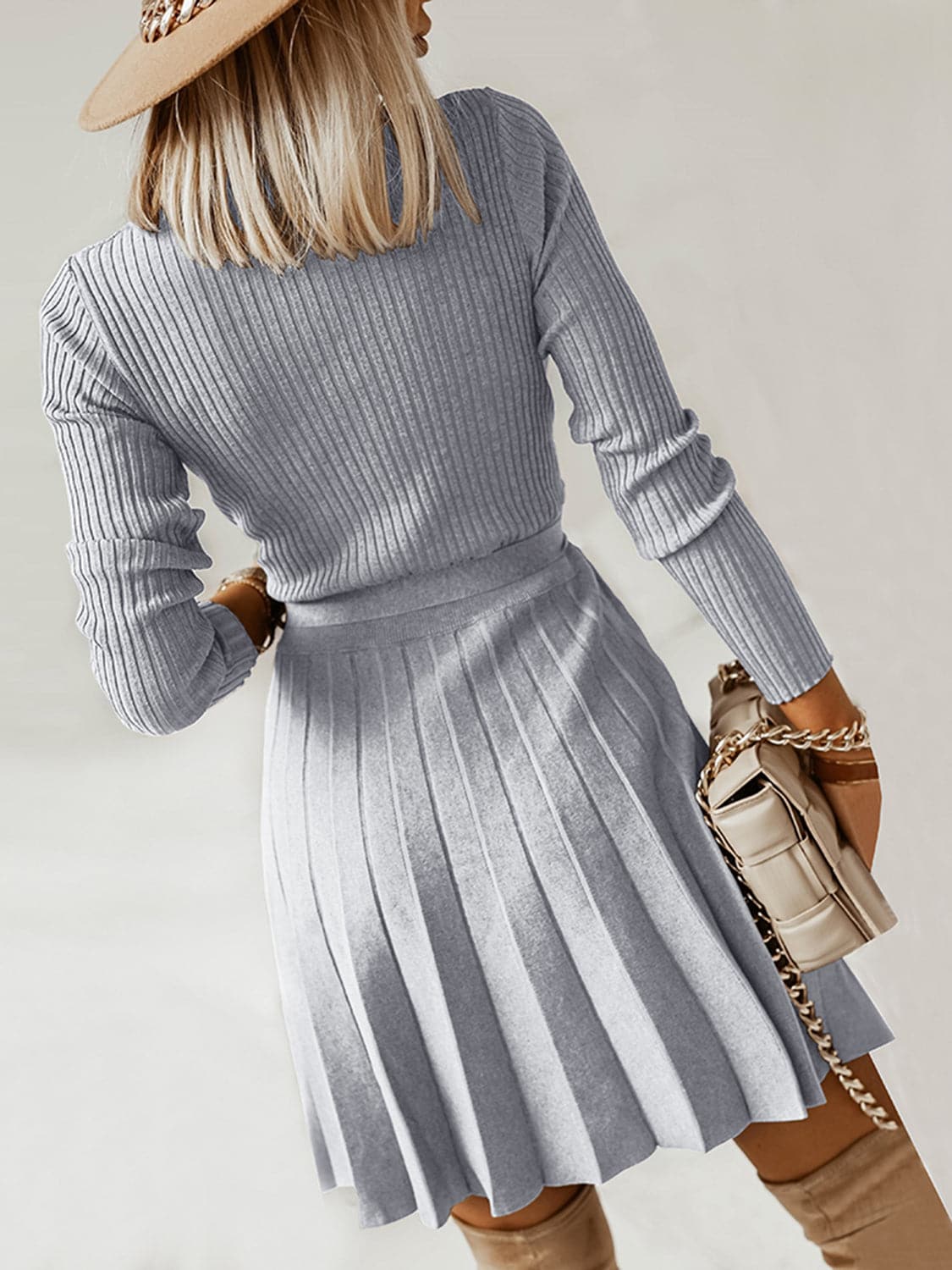 Surplice Neck Tie Front Pleated Sweater Dress.