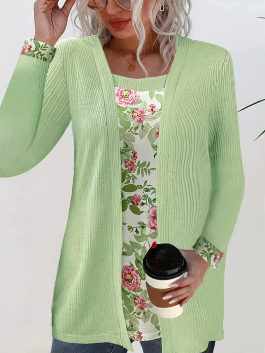 Floral Print Casual Fake Two Piece Top Simply Love