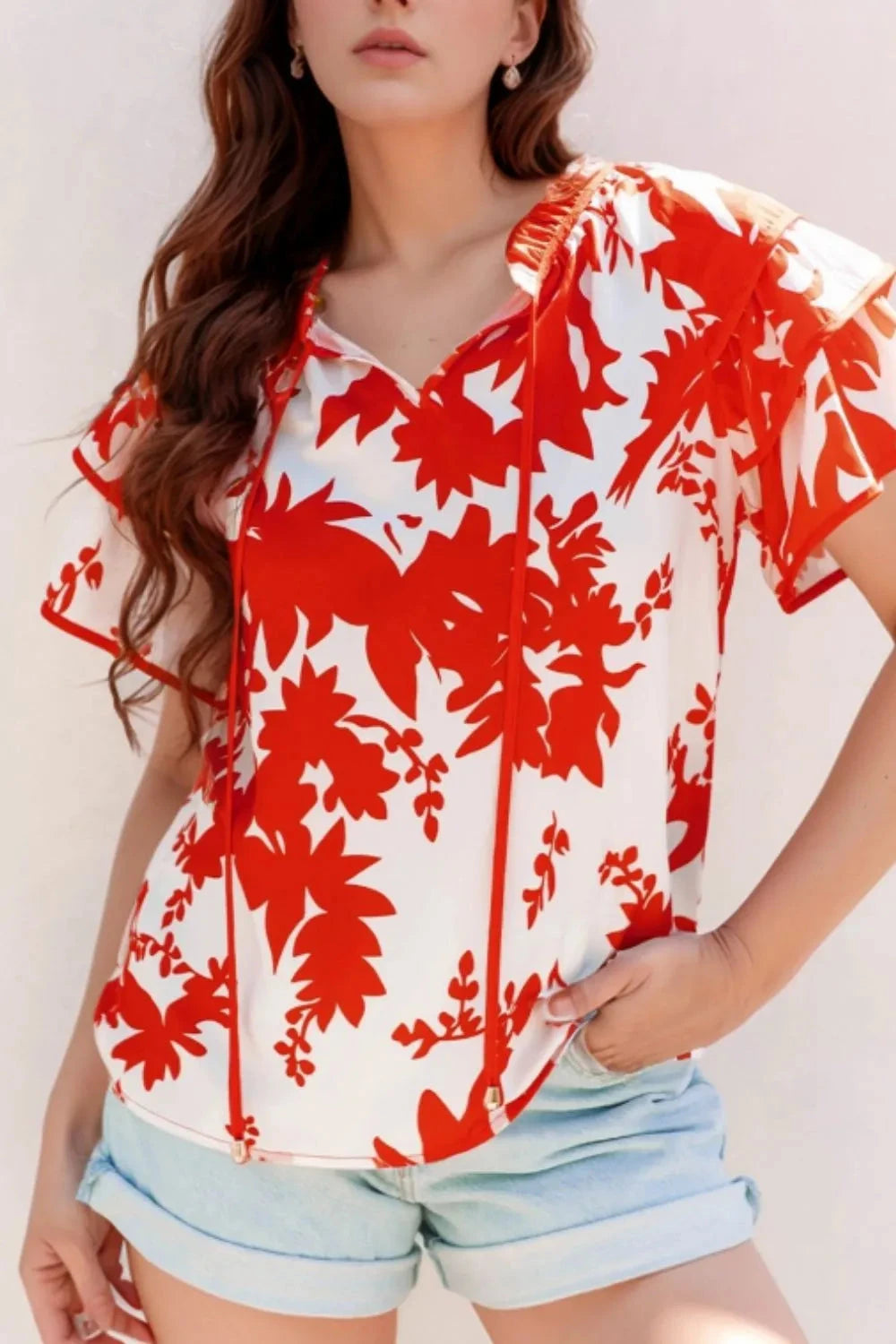 Plant Print Tiered Ruffled Sleeve Tie Neck Blouse Simply Love