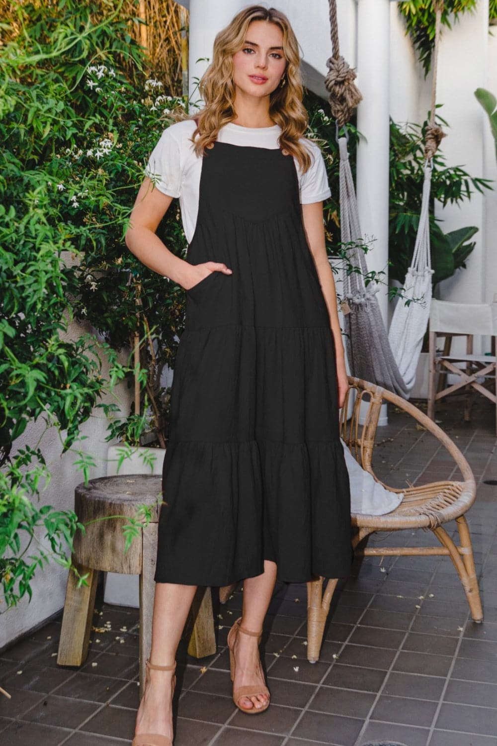 ODDI Full Size Sleeveless Tiered Midi Dress.