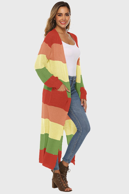 Color Block Long Sleeve Pocketed Cardigan.