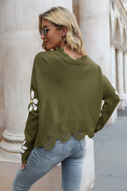 Flower Distressed Long Sleeve Sweater.