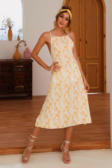 Slit Crisscross Printed Sleeveless Cami Dress.