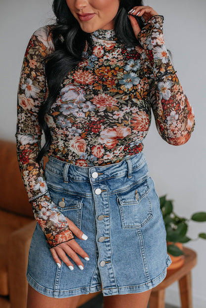 Elegant brown floral mesh blouse with high neck and long sleeves