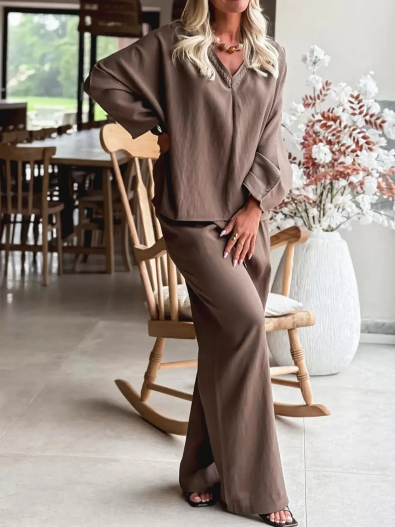 Braided V Neck Long Sleeve Loose Top and Drawstring High Waist Pants 2pcs Outfit Simply Love