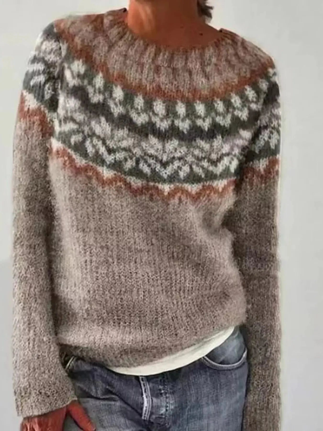 Full Size Vintage Patterned Round Neck Sweater Plus Size Simply Love