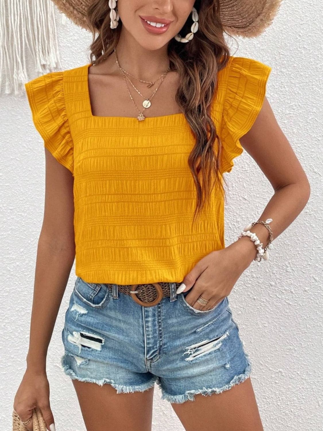 Ruffled Square Neck Cap Sleeve Blouse.